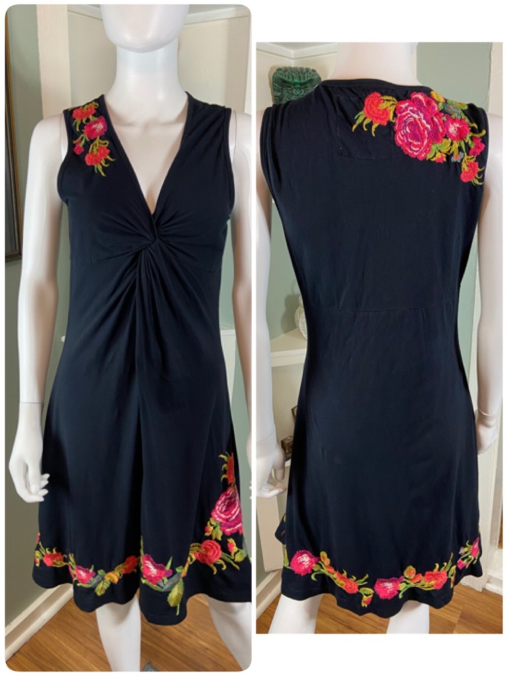 Johnny Was Twist Neckline Black Knee Length Mini Dress Floral Embroidered Medium